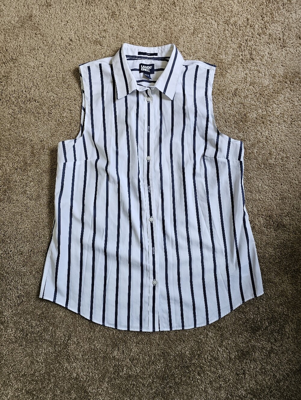 Lands' End White and Navy Vertical Stripe Sleeveless Button-Down Shirt